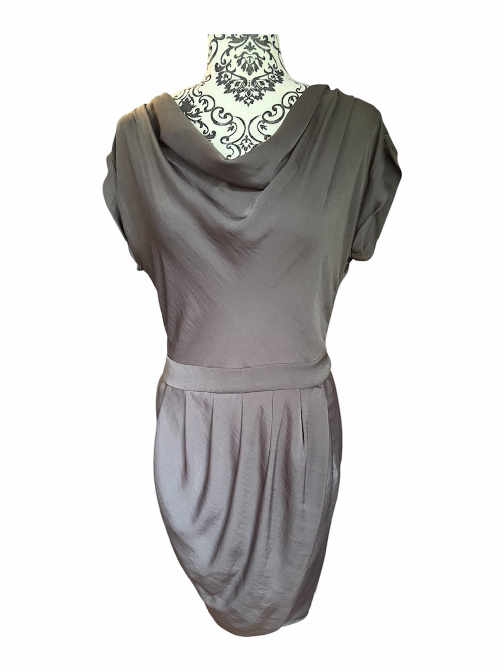 BCBGMaxAzria Taupe Cowl-Neck Pleated Silky Mini Dress Size Small